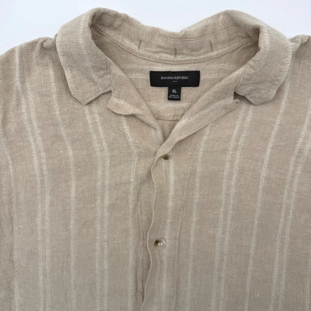 Banana Republic Shirt Men XL Beige Striped Linen Blend Short Sleeve Camp Collar